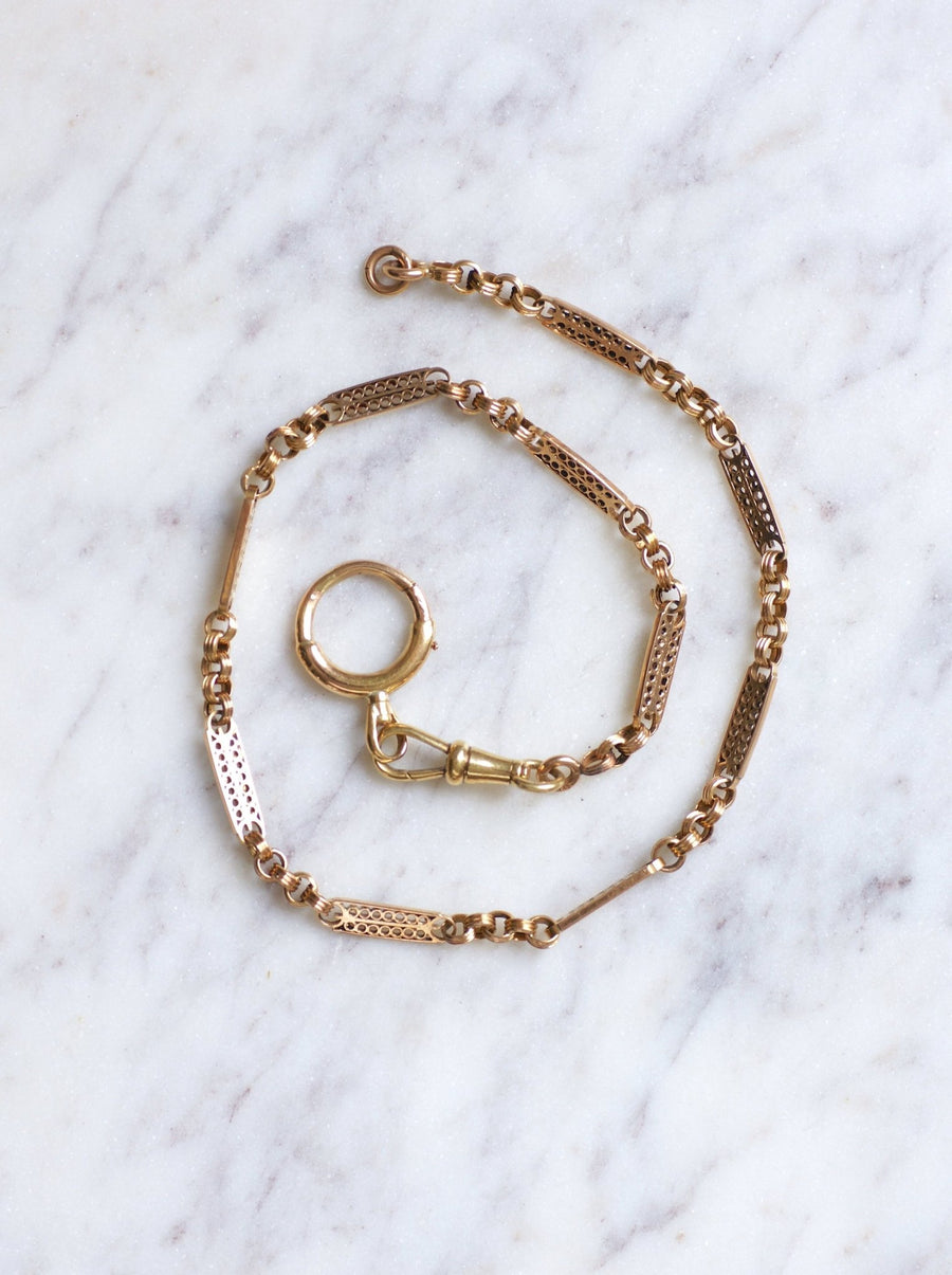 Antique gold watch chain with filigree bar link - Penelope Gallery