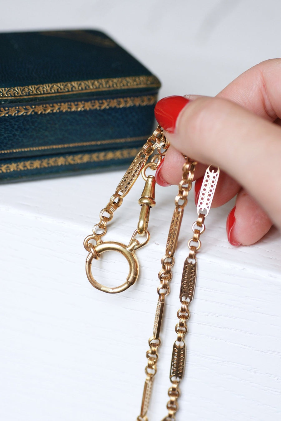 Antique gold watch chain with filigree bar link - Penelope Gallery