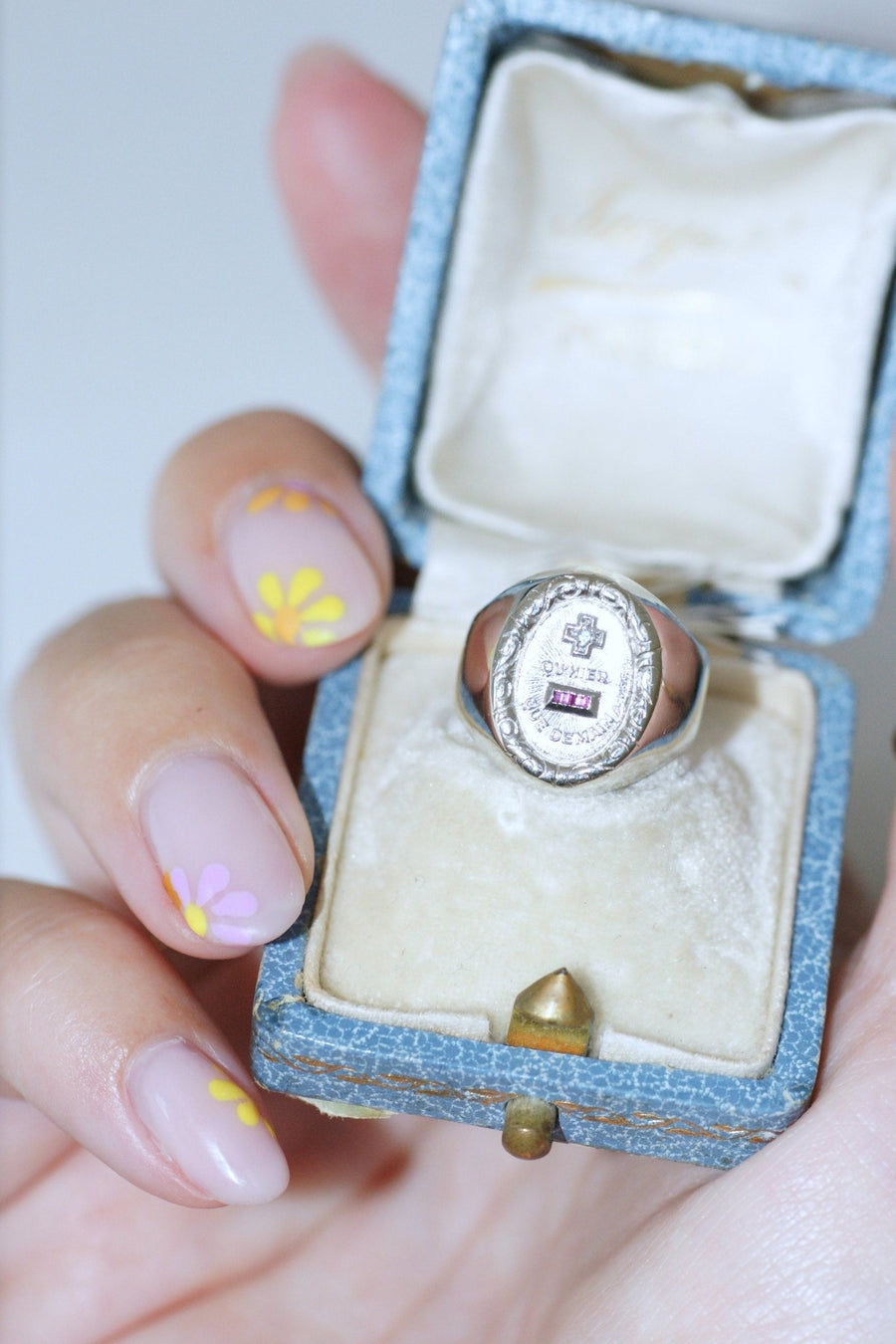 Vintage A.AUGIS white gold diamond signet ring - Penelope Gallery