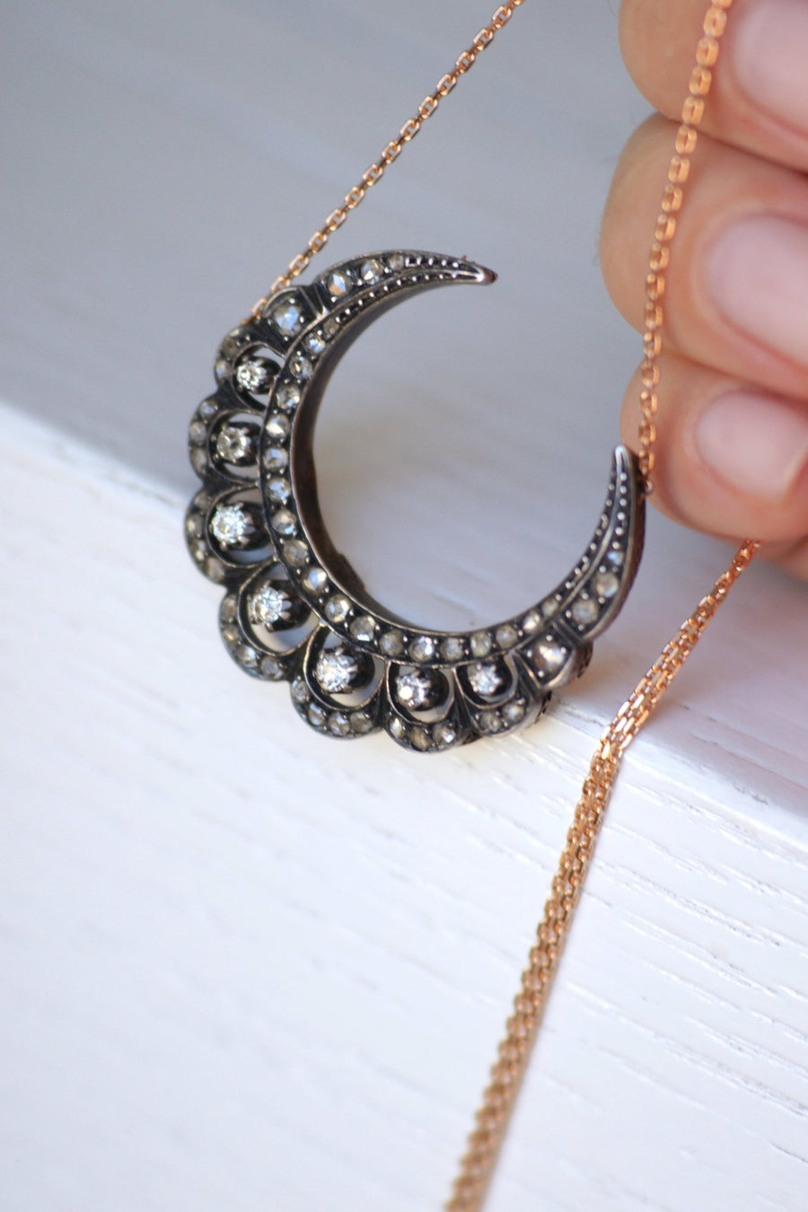 Gold and diamond crescent moon necklace - Penelope Gallery