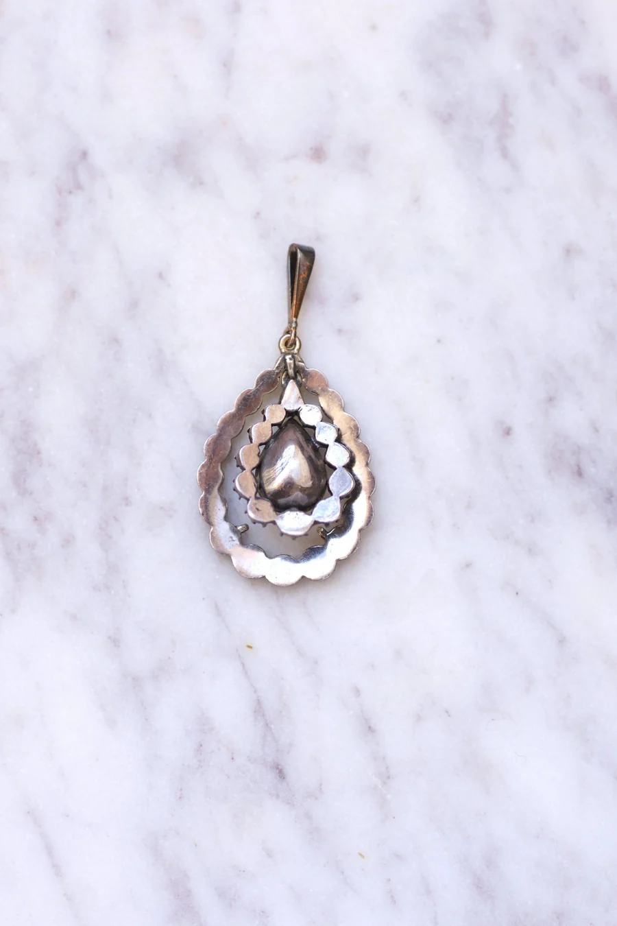 Antique silver drop pendant necklace, rose cut diamonds - Galerie Pénélope