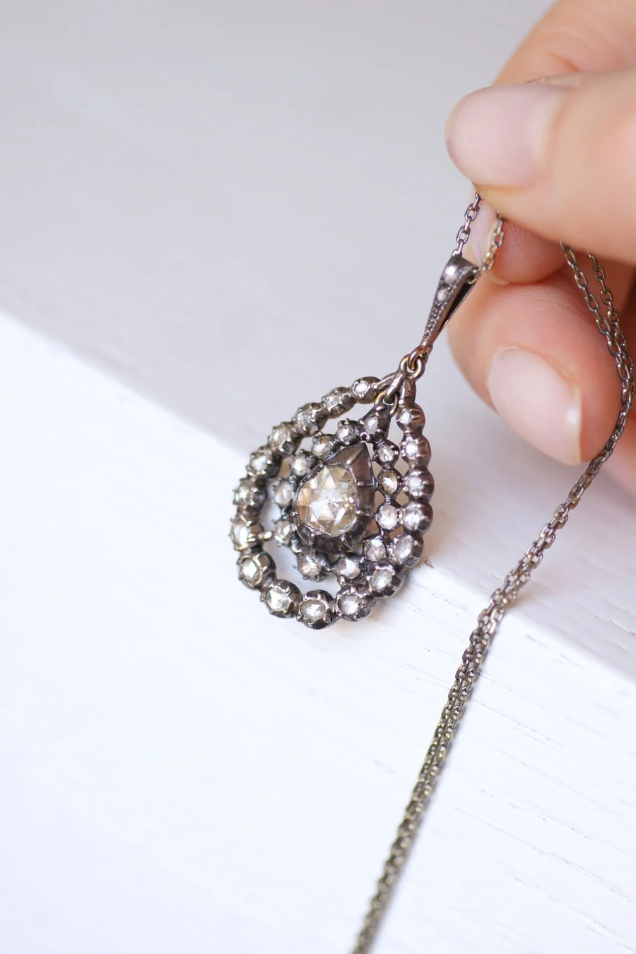 Antique silver drop pendant necklace, rose cut diamonds - Galerie Pénélope