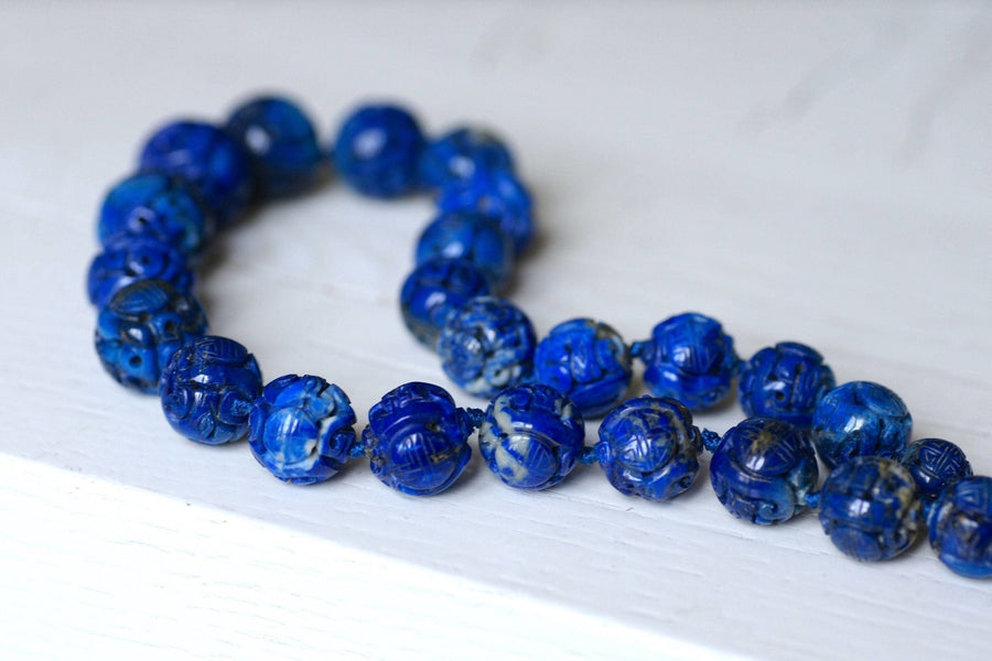 Carved lapis lazuli beads necklace - Penelope Gallery