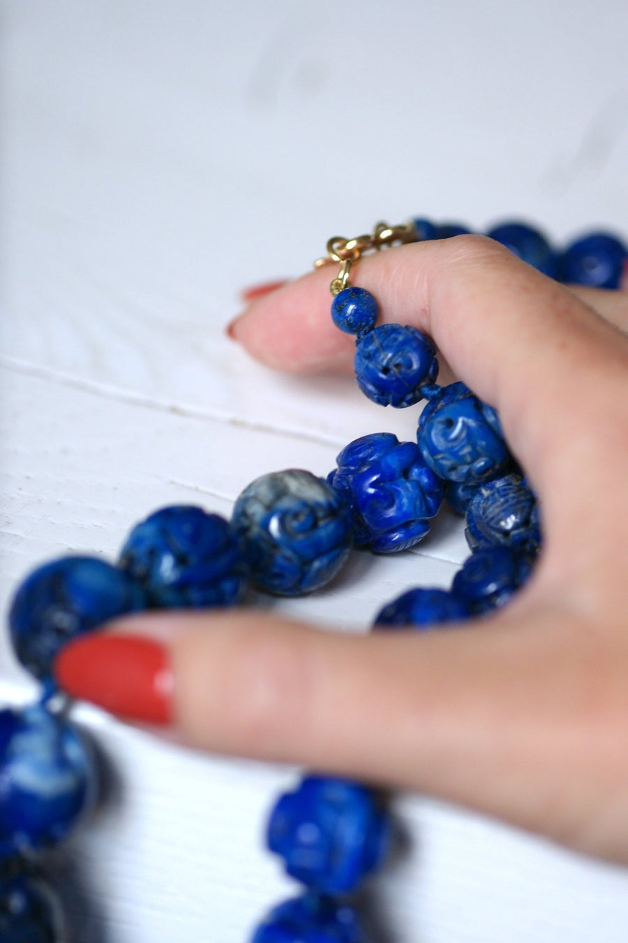 Carved lapis lazuli beads necklace - Penelope Gallery