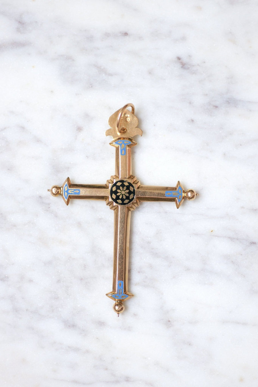 Antique regional cross in 18Kt rose gold and blue and black enamel, late 18th century - Galerie Pénélope