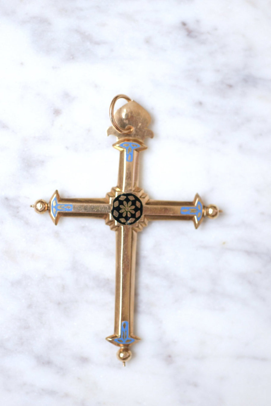 Antique regional cross in 18Kt rose gold and blue and black enamel, late 18th century - Galerie Pénélope