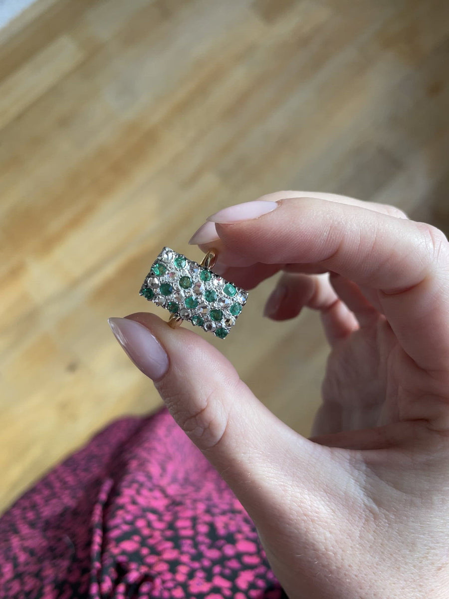 Emerald and diamond checkerboard ring