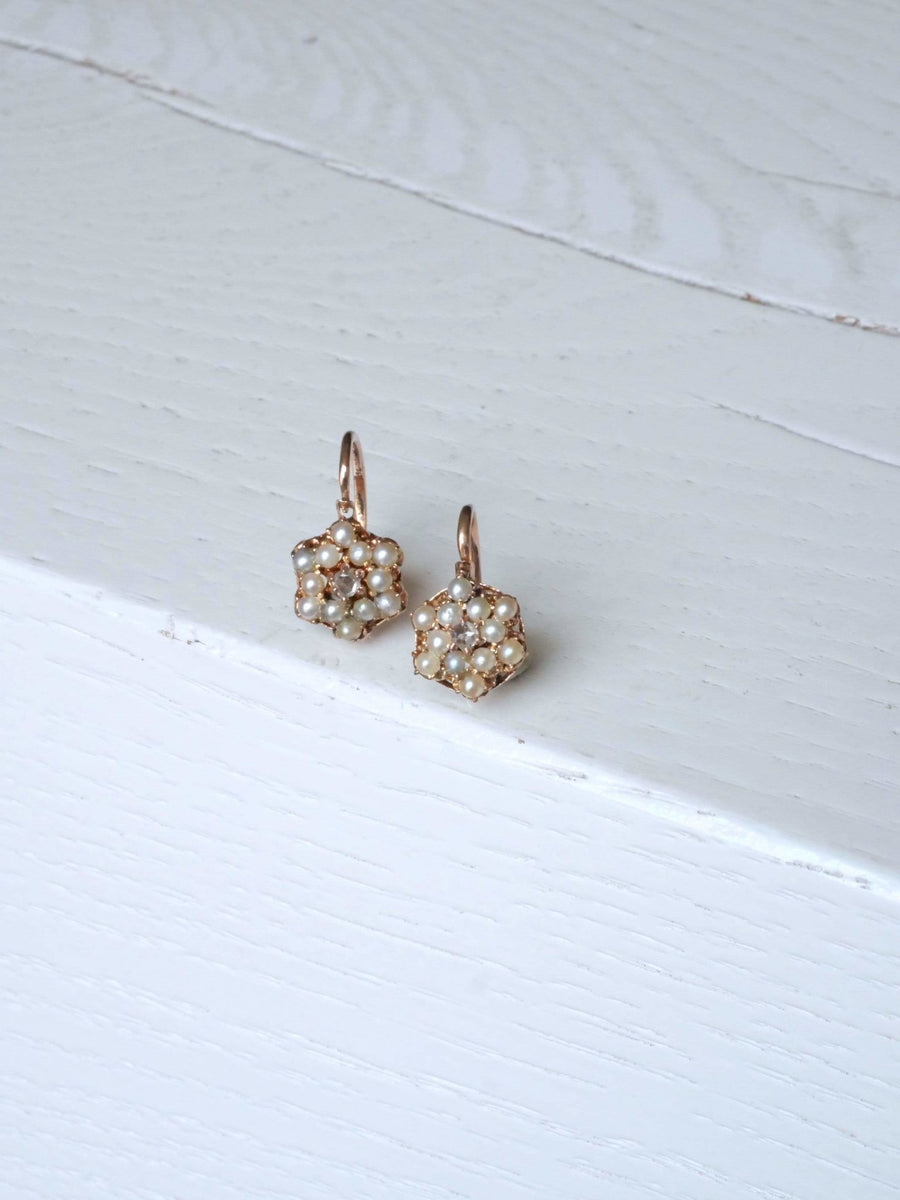Pink gold diamond and pearl sleepers - Penelope Gallery