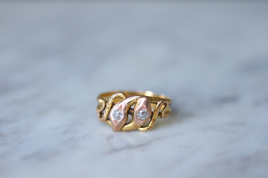 Victorian coiled snakes ring in gold and old cut diamonds