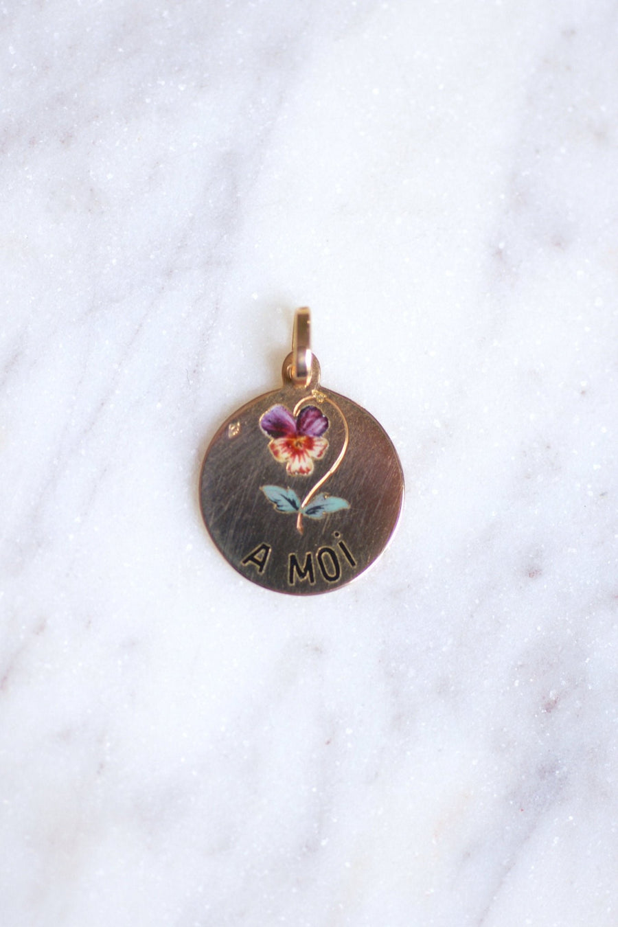 Sentimental medal "think of me" in pink gold and enamelled pansy, 19th Century - Galerie Pénélope