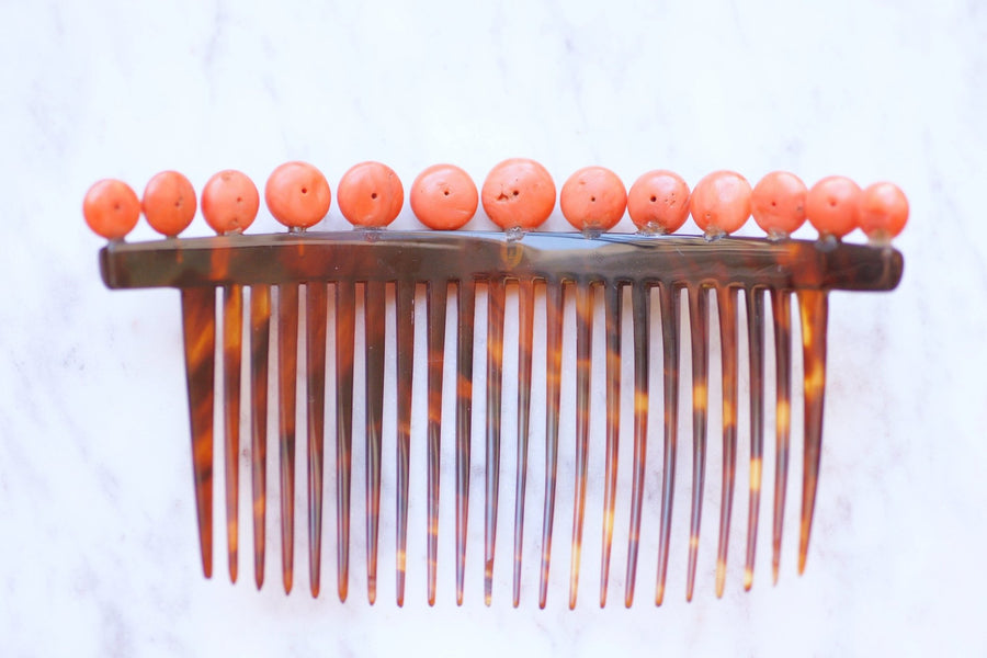 Antique hair comb, wedding tiara, in tortoise shell and coral - Galerie Pénélope