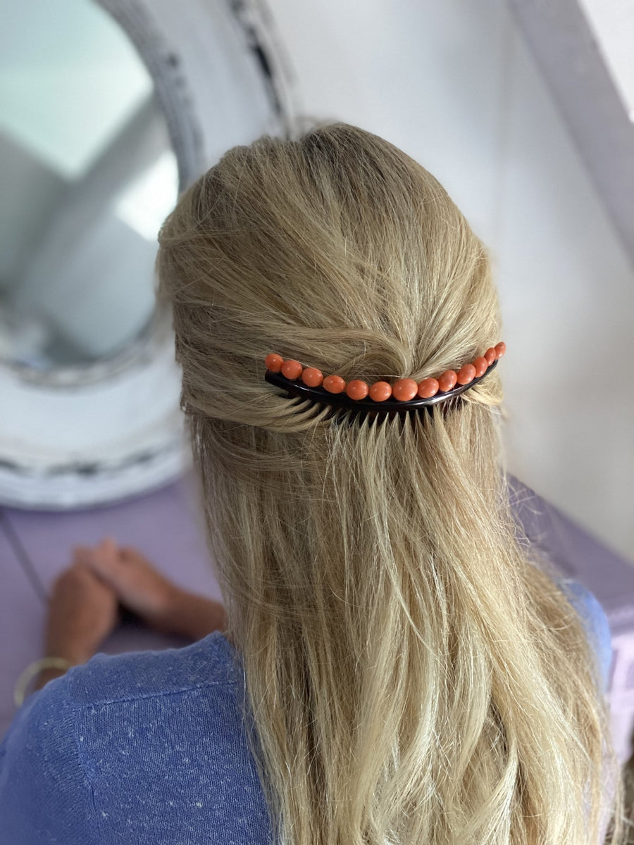 Antique hair comb, wedding tiara, in tortoise shell and coral - Galerie Pénélope