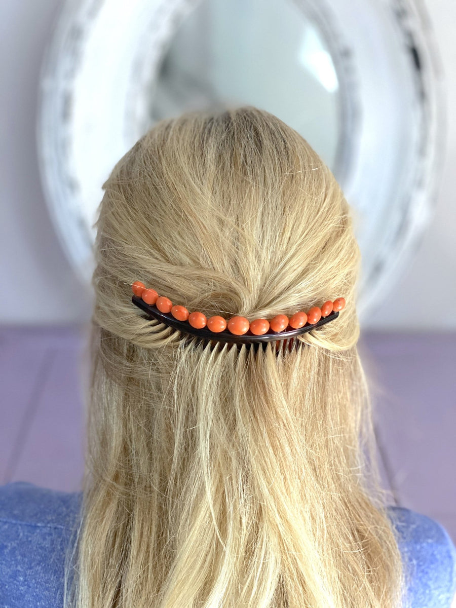 Antique hair comb, wedding tiara, in tortoise shell and coral - Galerie Pénélope