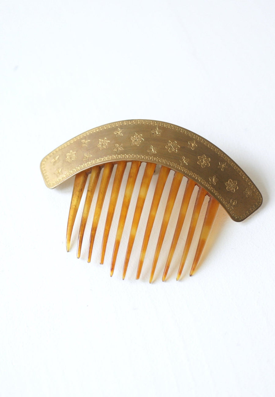 Antique hair comb with stars and flowers, horn tiara - Penelope Gallery