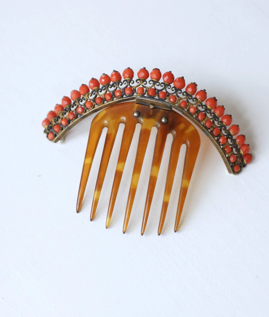 Hair comb, antique horn and coral tiara, on silver vermeil - Penelope Gallery