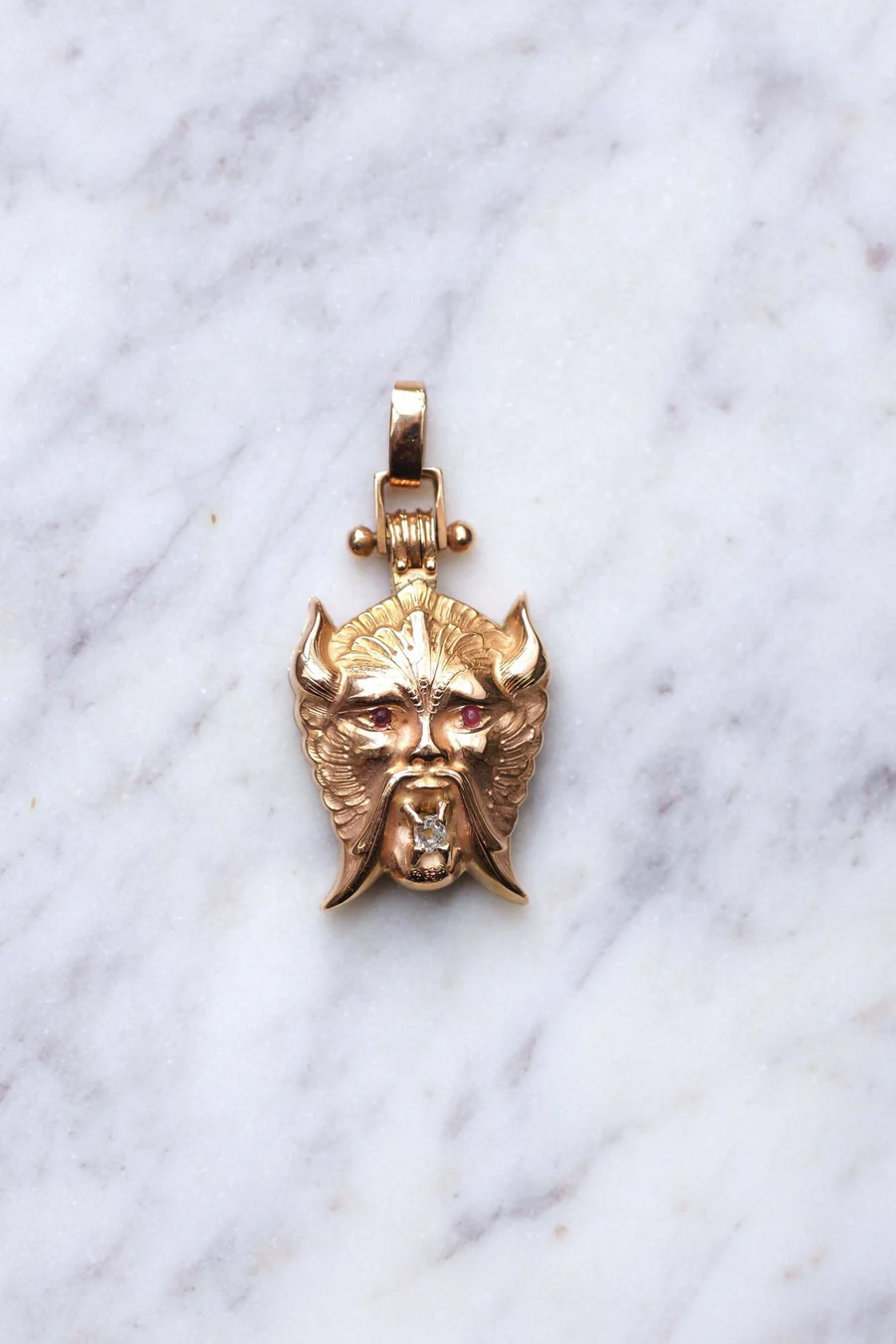 Antique Faun, Pan, Devil, Pink Gold and Diamond Pendant - Galerie Pénélope