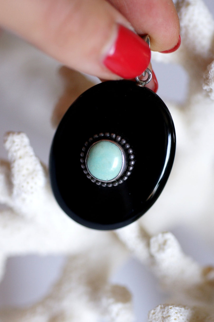 Antique silver, turquoise and onyx pendant - Galerie Pénélope