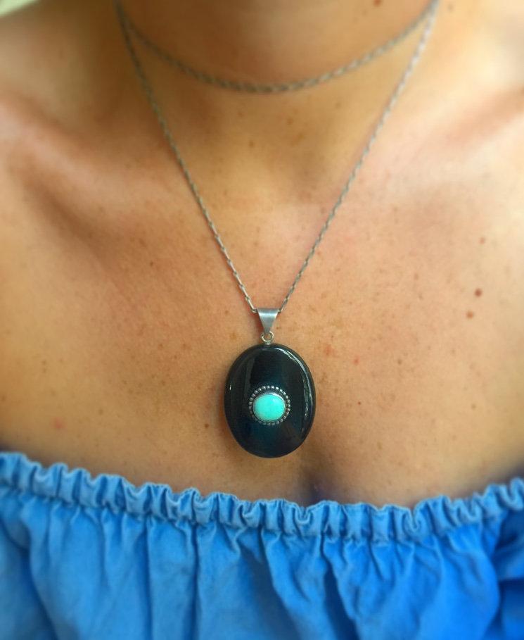 Antique silver, turquoise and onyx pendant - Galerie Pénélope