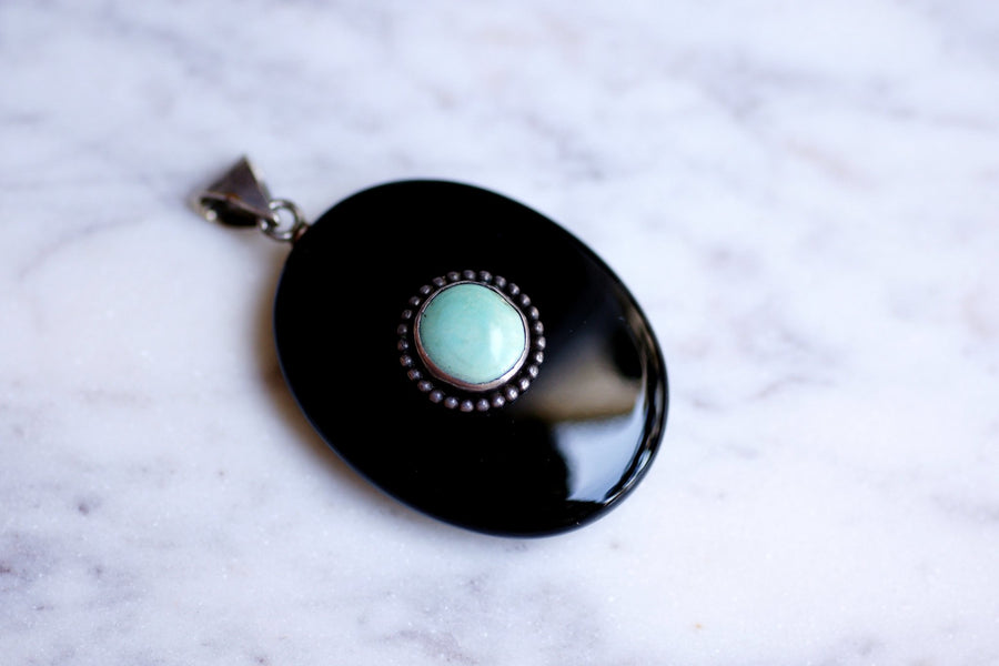 Antique silver, turquoise and onyx pendant - Galerie Pénélope