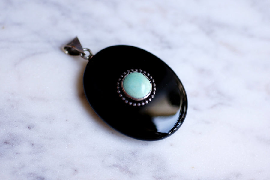 Antique silver, turquoise and onyx pendant - Galerie Pénélope