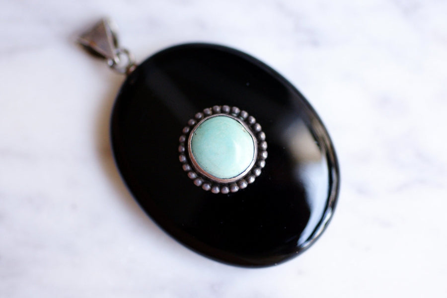 Antique silver, turquoise and onyx pendant - Galerie Pénélope