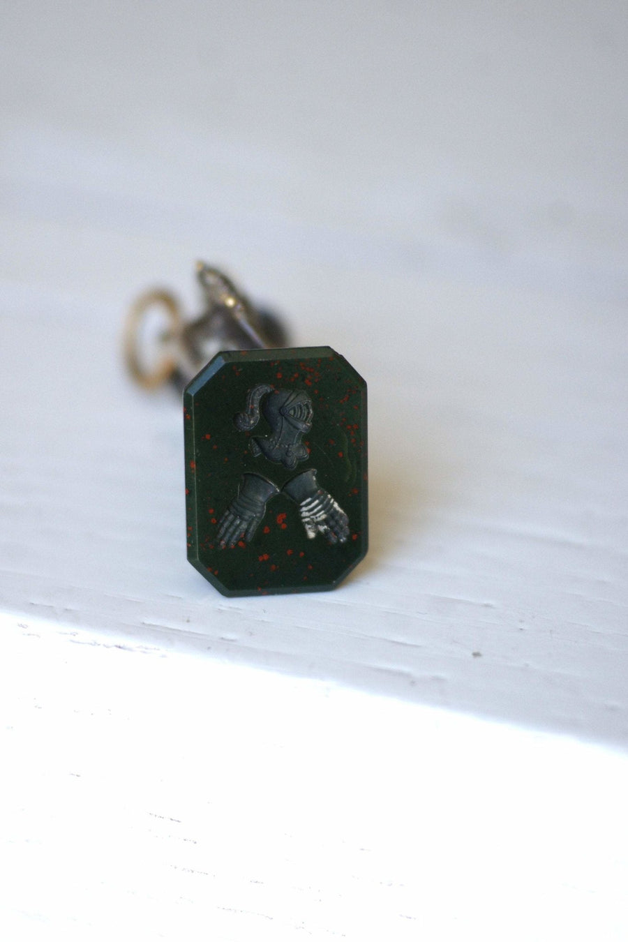 Antique Victorian neo-Gothic knight seal pendant in gold, silver and bloodstone intaglio - Penelope Gallery