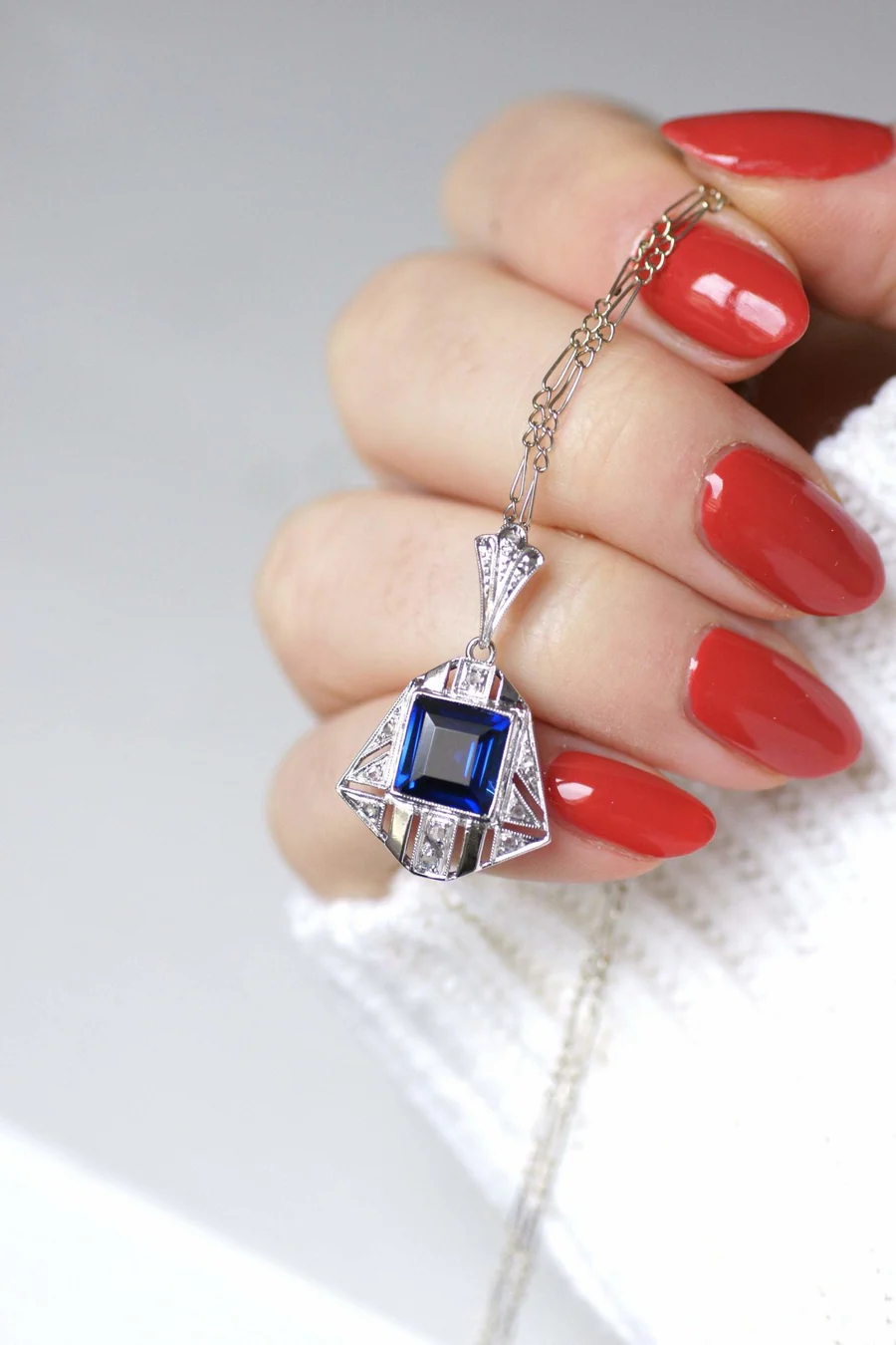 Synthetic sapphire and diamond Art Deco pendant necklace - Penelope Gallery