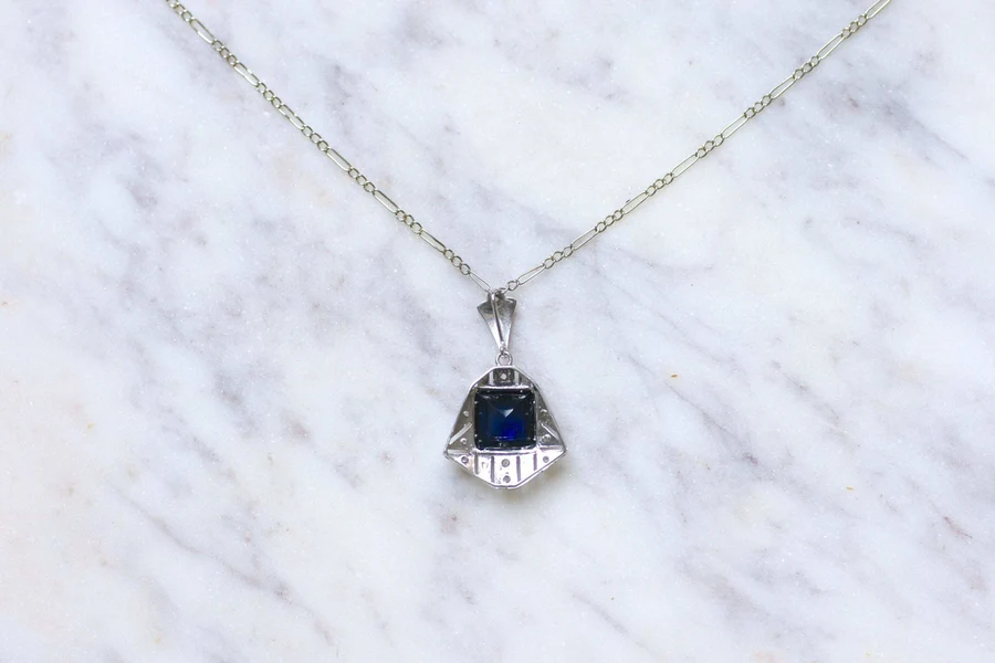 Synthetic sapphire and diamond Art Deco pendant necklace - Penelope Gallery