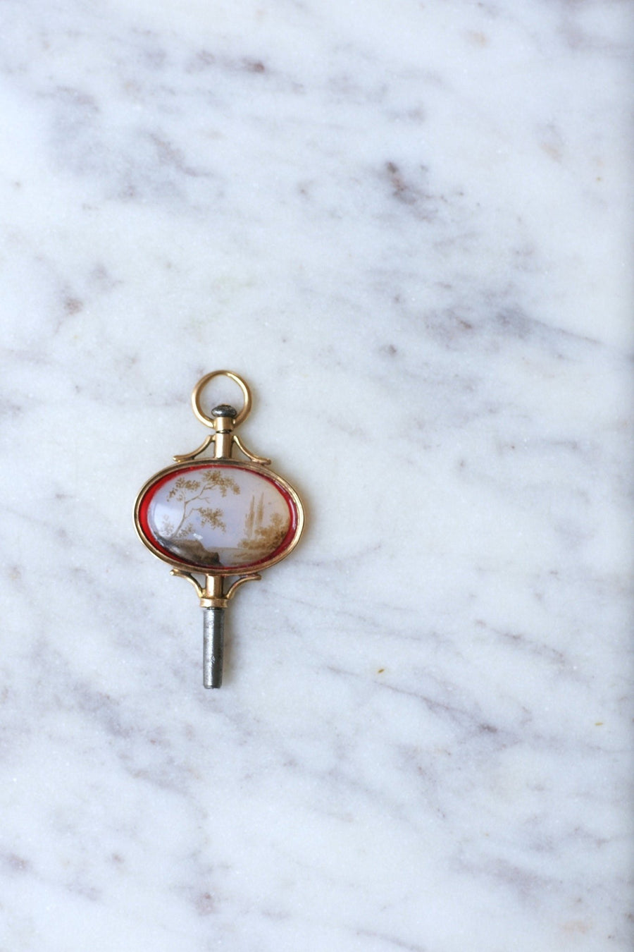 Victorian watch key pendant with miniature landscape on glass, rose gold setting - Penelope Gallery