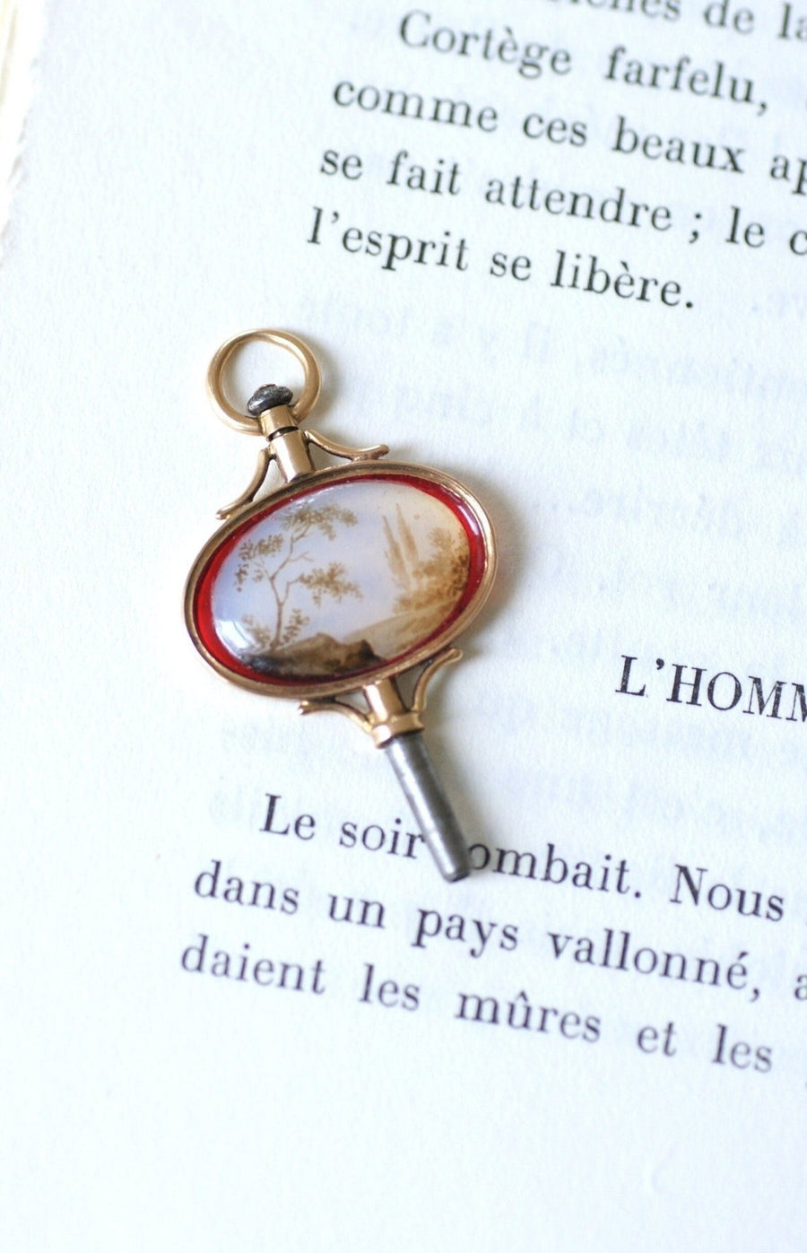 Victorian watch key pendant with miniature landscape on glass, rose gold setting - Penelope Gallery