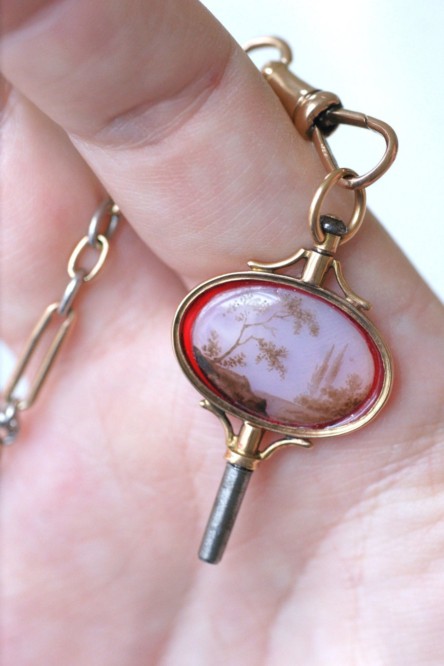 Victorian watch key pendant with miniature landscape on glass, rose gold setting - Penelope Gallery