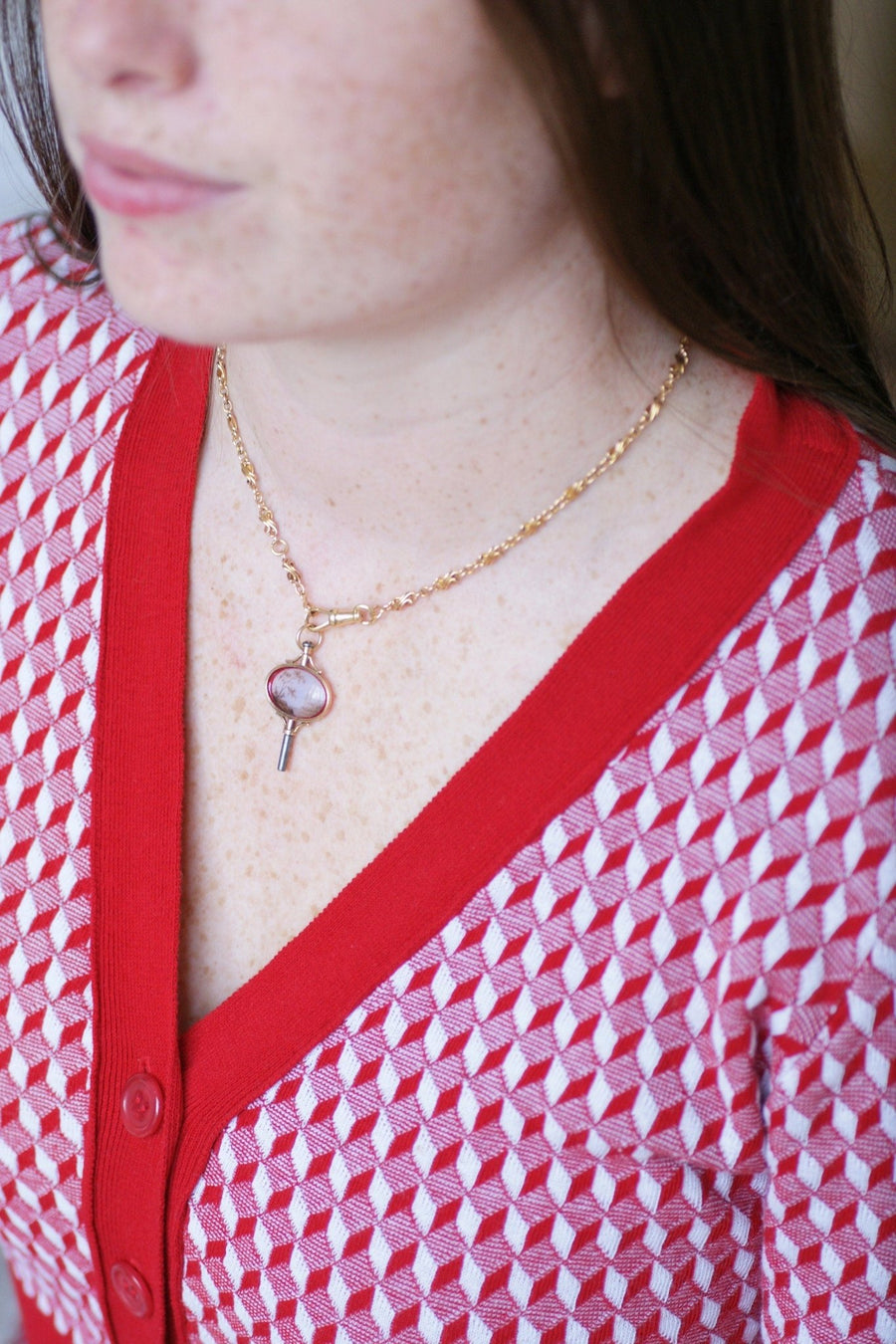 Victorian watch key pendant with miniature landscape on glass, rose gold setting - Penelope Gallery