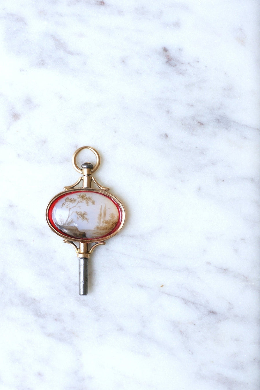 Victorian watch key pendant with miniature landscape on glass, rose gold setting - Penelope Gallery