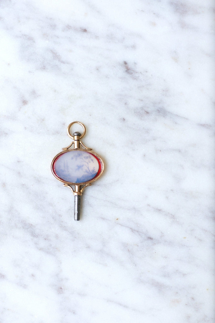 Victorian watch key pendant with miniature landscape on glass, rose gold setting - Penelope Gallery