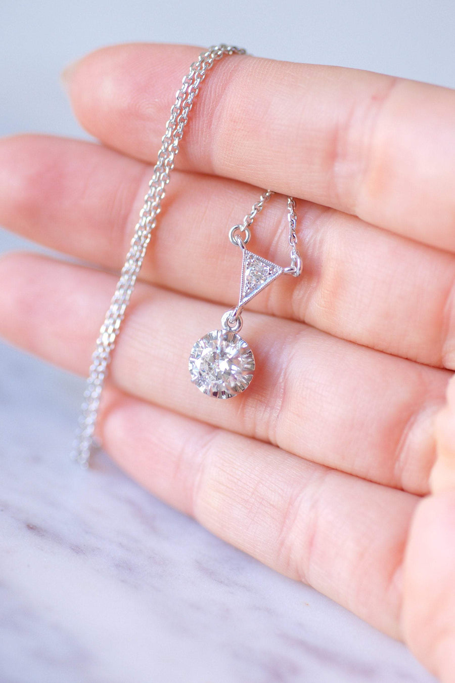 Solitaire Art Deco gold and platinum necklace, diamond 0.80Ct - Galerie Pénélope