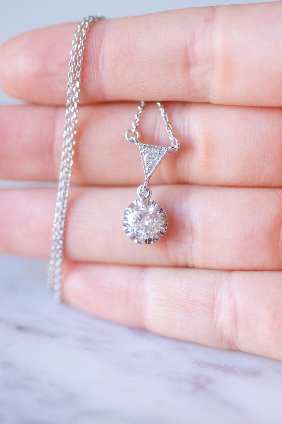 Solitaire Art Deco gold and platinum necklace, diamond 0.80Ct - Galerie Pénélope