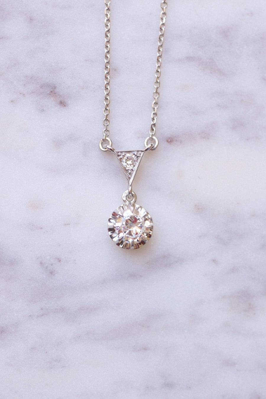 Solitaire Art Deco gold and platinum necklace, diamond 0.80Ct - Galerie Pénélope