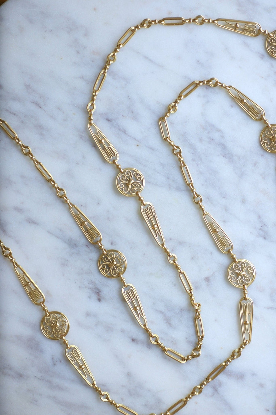 Long necklace, antique chain 155 cm filigree yellow gold - Penelope Gallery