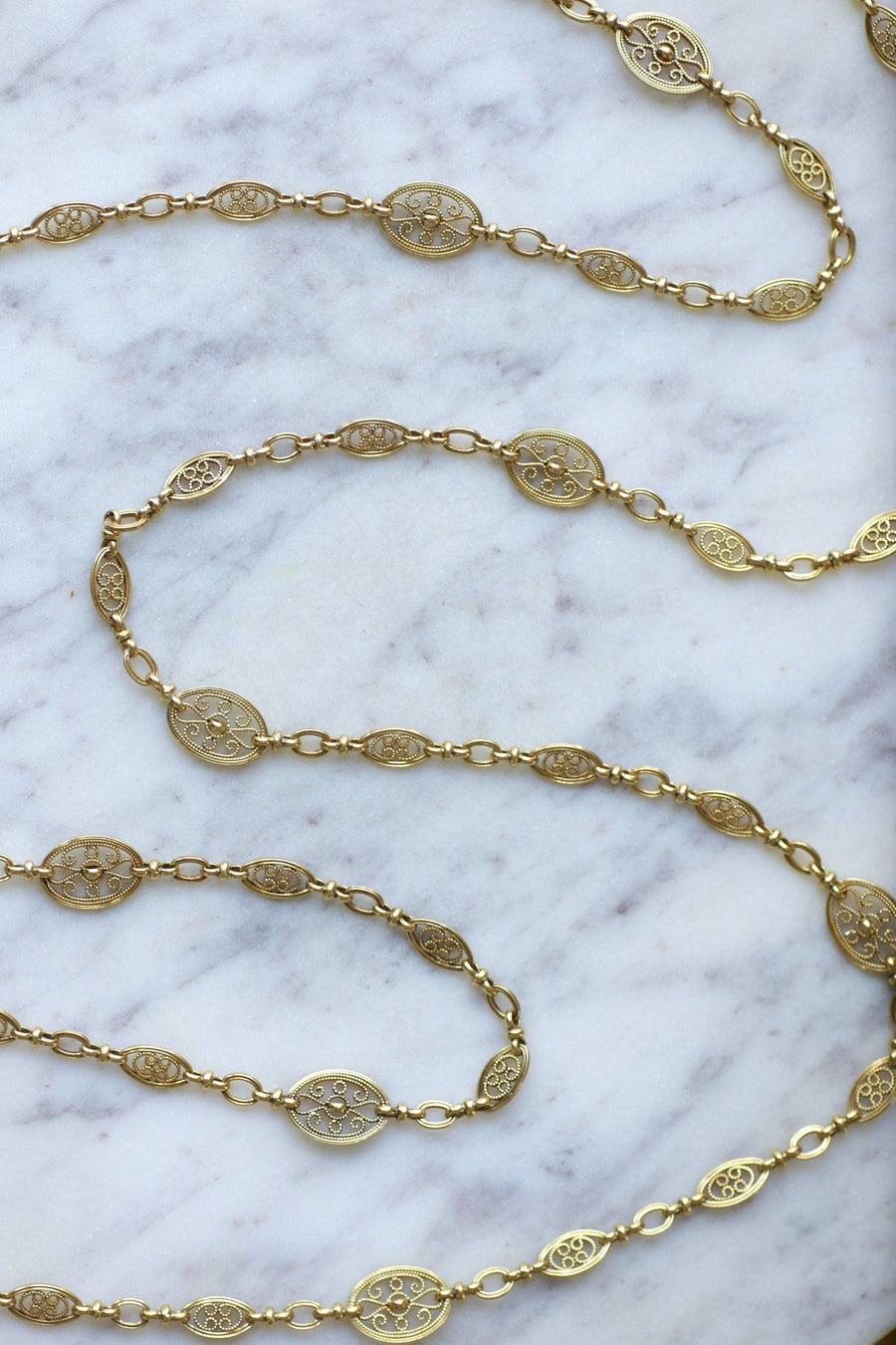Long necklace, antique gold chain 155 cm oval filigree - Penelope Gallery
