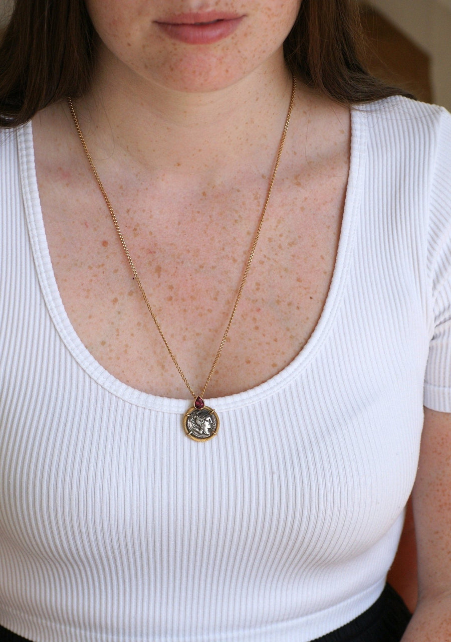 Garnet necklace and Roman coin Goddess Diana - Penelope Gallery