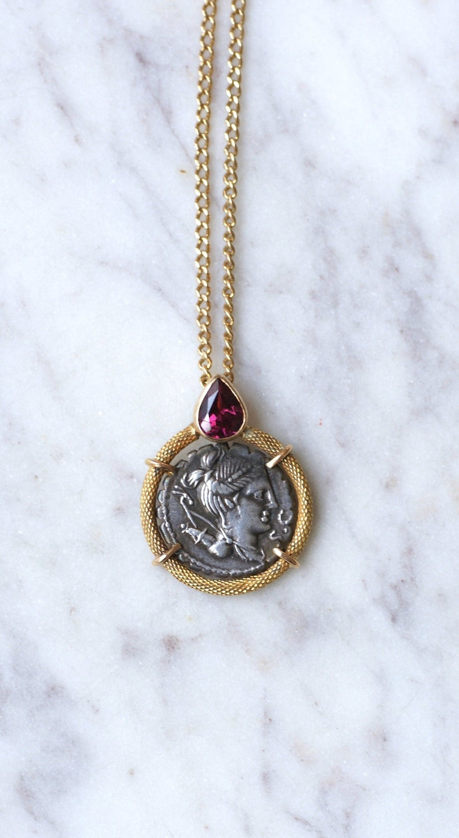 Garnet necklace and Roman coin Goddess Diana - Penelope Gallery