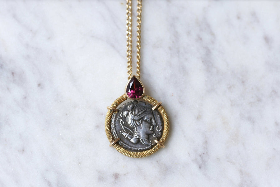 Garnet necklace and Roman coin Goddess Diana - Penelope Gallery