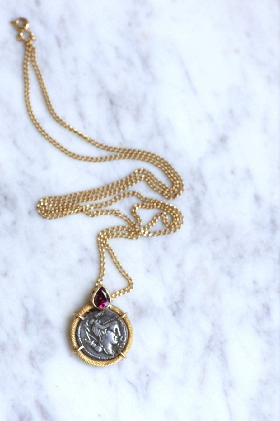 Garnet necklace and Roman coin Goddess Diana - Penelope Gallery