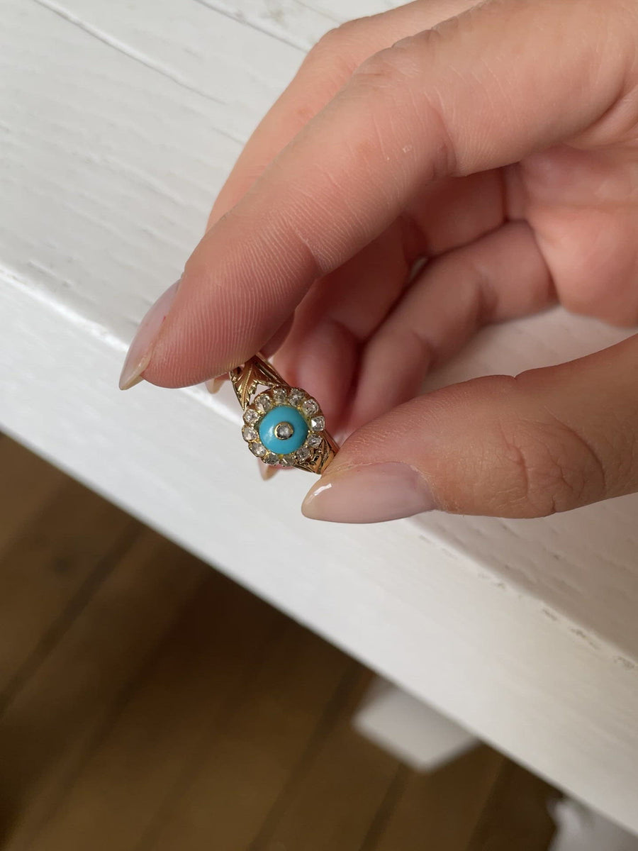 Bague ancienne pâte de verre turquoise et diamants