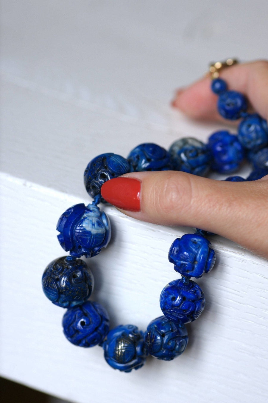 Carved lapis lazuli beads necklace - Penelope Gallery