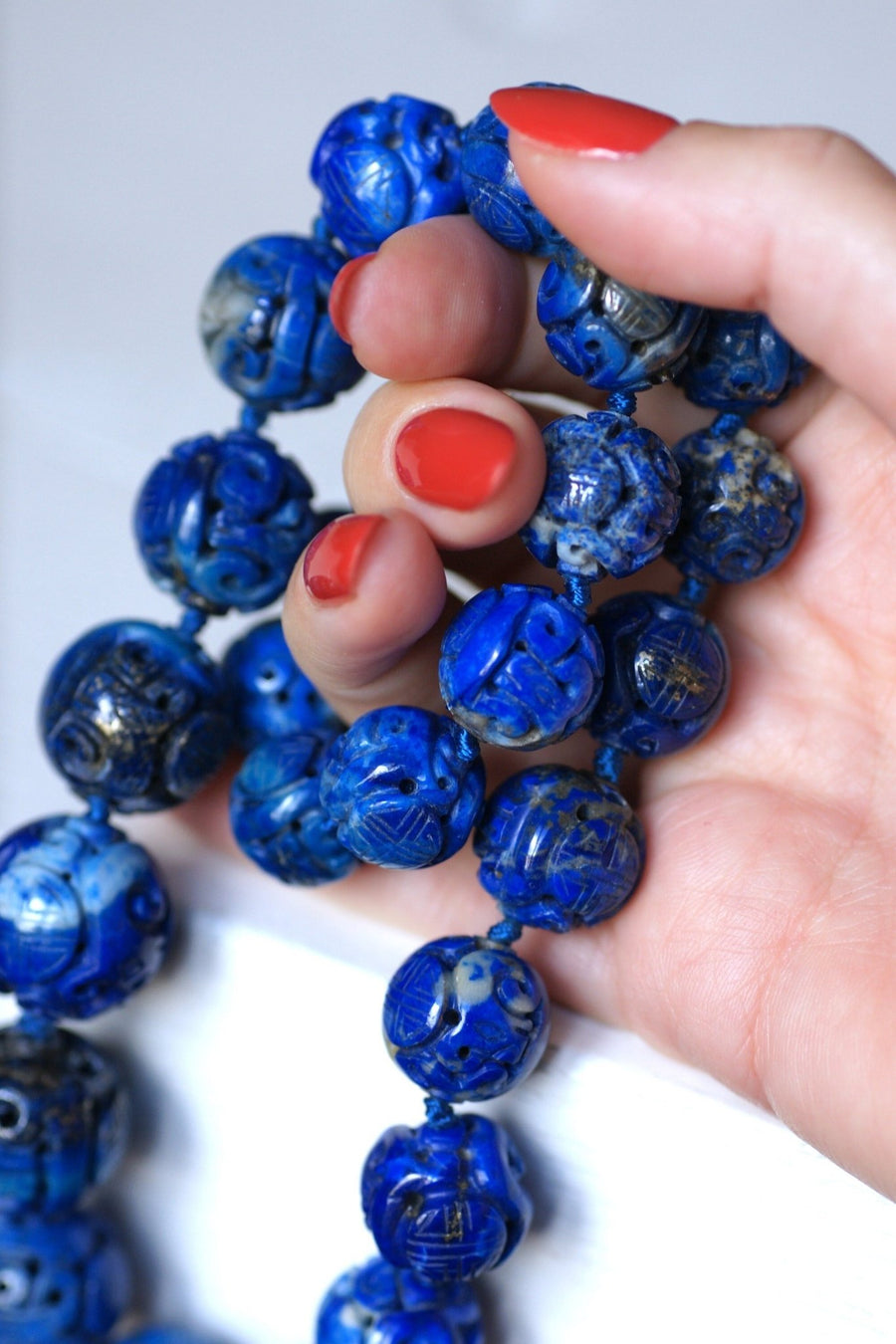 Carved lapis lazuli beads necklace - Penelope Gallery