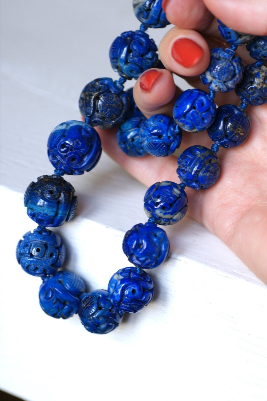 Carved lapis lazuli beads necklace - Penelope Gallery