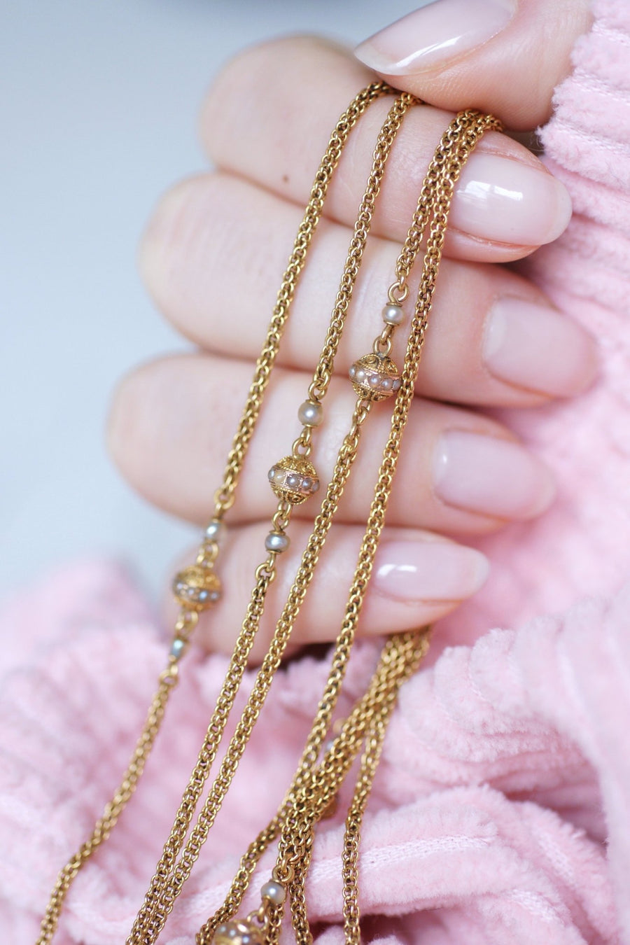 ネックレス, ロングネックレス, 古いチェーン, ゴールドとパール - Galerie Pénélope