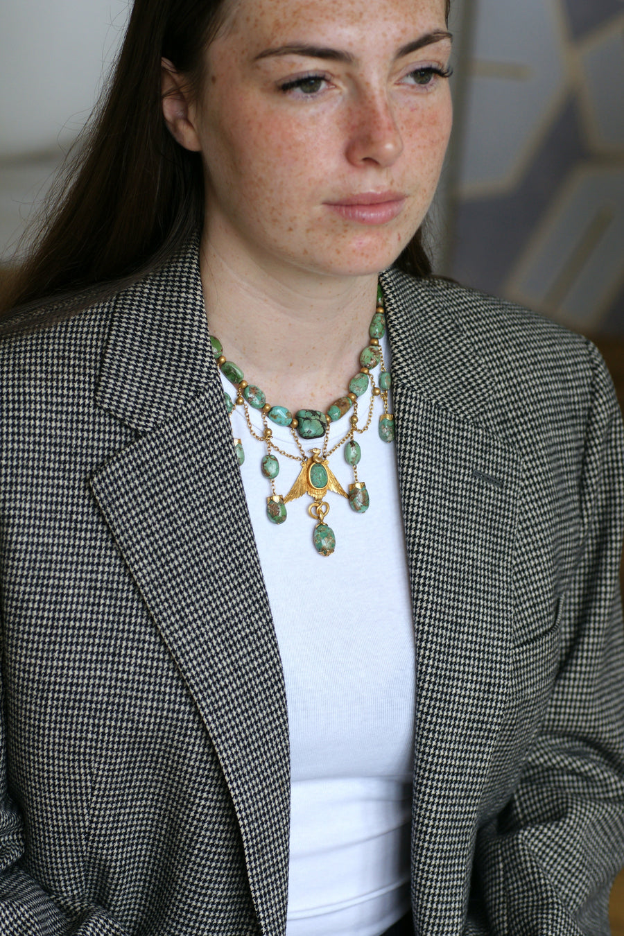 Collier Ancien Neo Egyptien Or Jaune et Turquoises