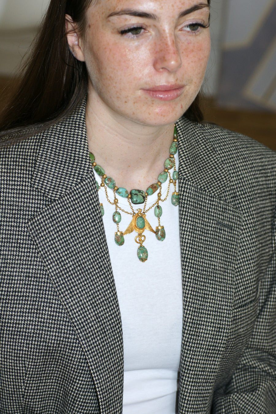 Collier Ancien Neo Egyptien Or Jaune et Turquoises